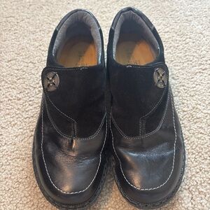 Naot Black Leather Mules with Button Detail